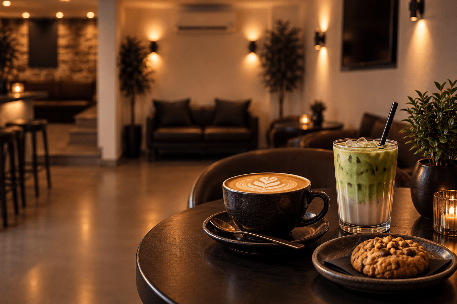 Latte, matcha glacé et collation servis dans l'ambiance chaleureuse du Café Saint-Denis 360.