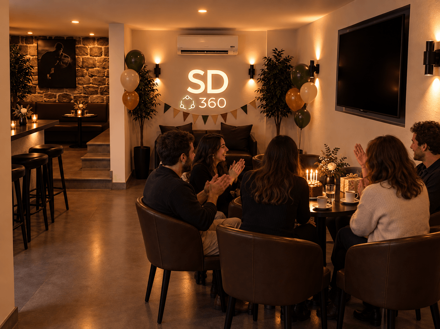 Projection du véritable café-lounge pendant un anniversaire avec invités, gâteau, bougies, guirlande et quelques ballons.