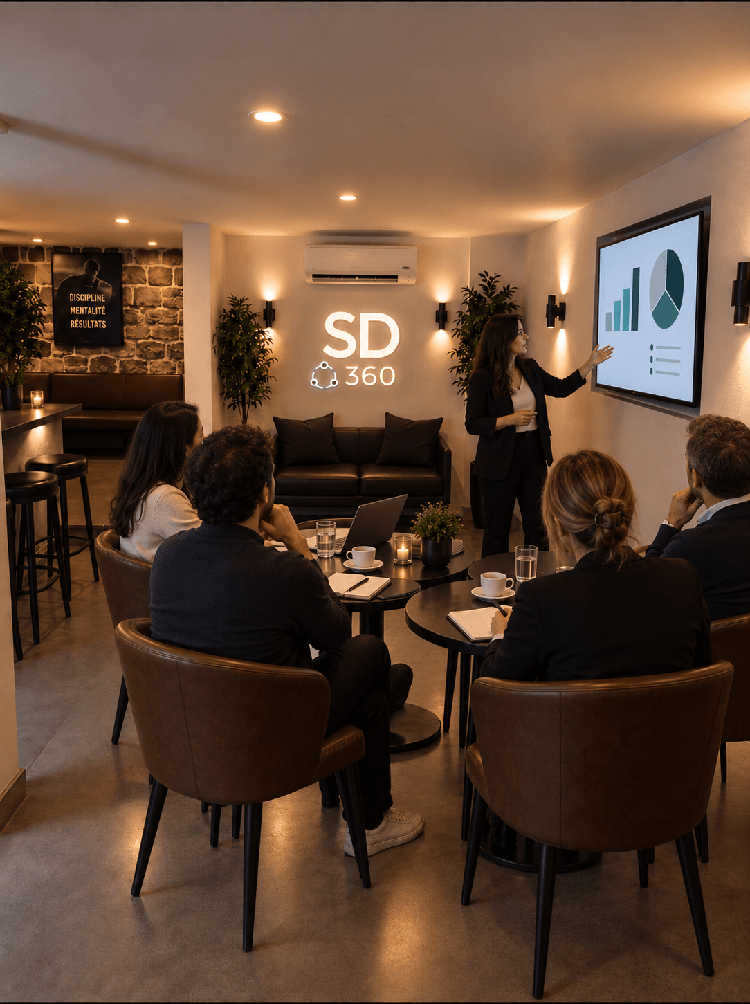 Projection du véritable café-lounge pendant une rencontre professionnelle avec participants, carnets et présentation sur l’écran mural.