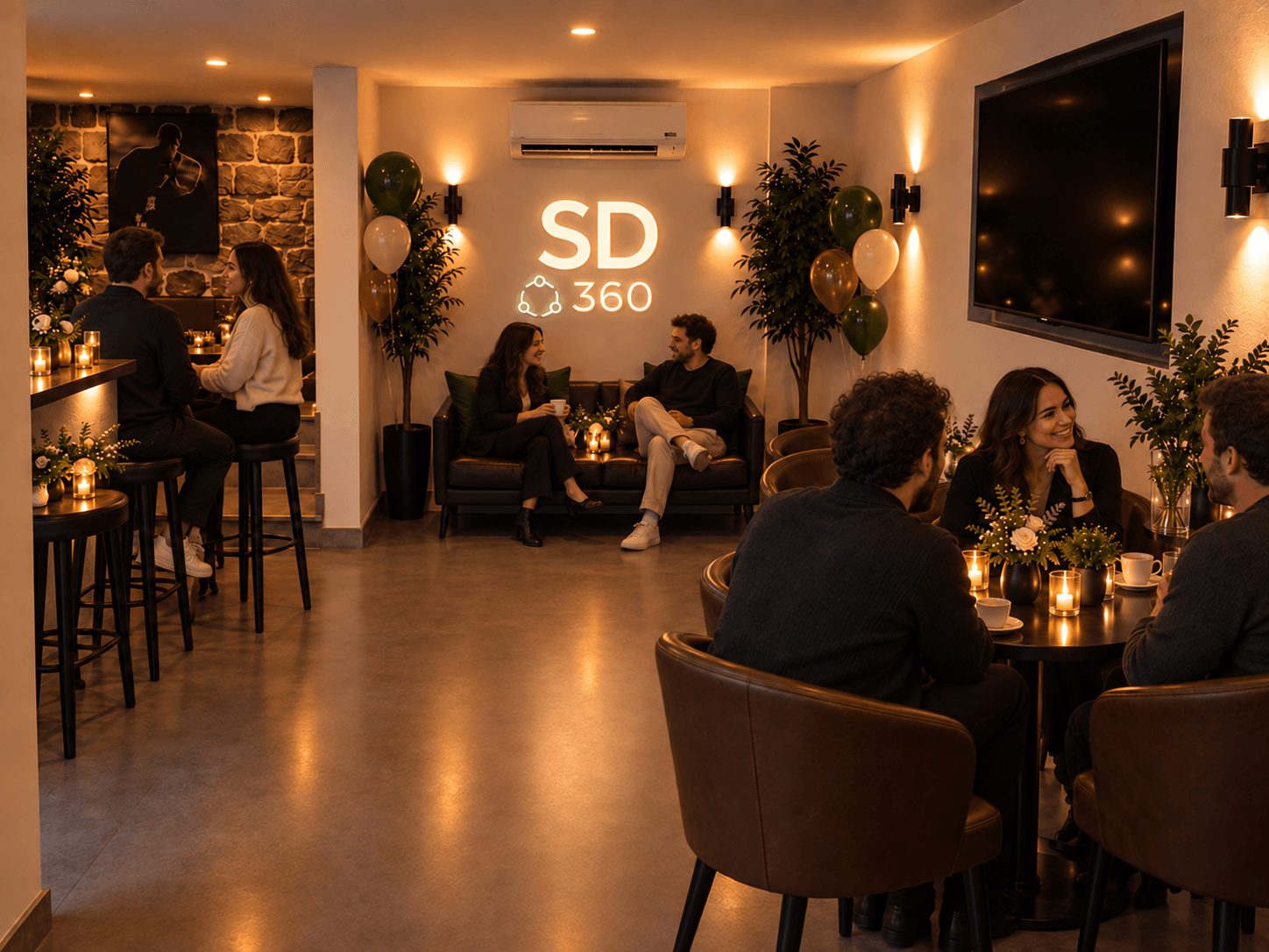Projection du véritable café-lounge pendant une soirée à thème élégante, avec des invités, une décoration vert forêt et crème et un éclairage chaleureux.