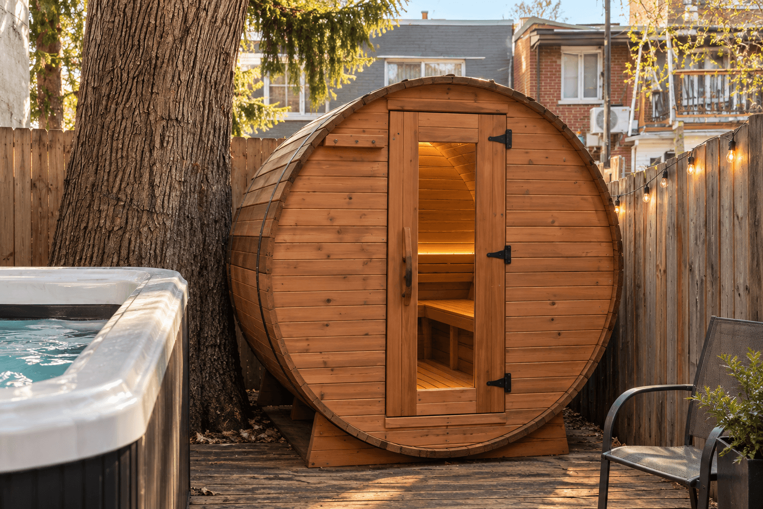 Illustration d'un sauna tonneau en bois pour la terrasse de récupération.